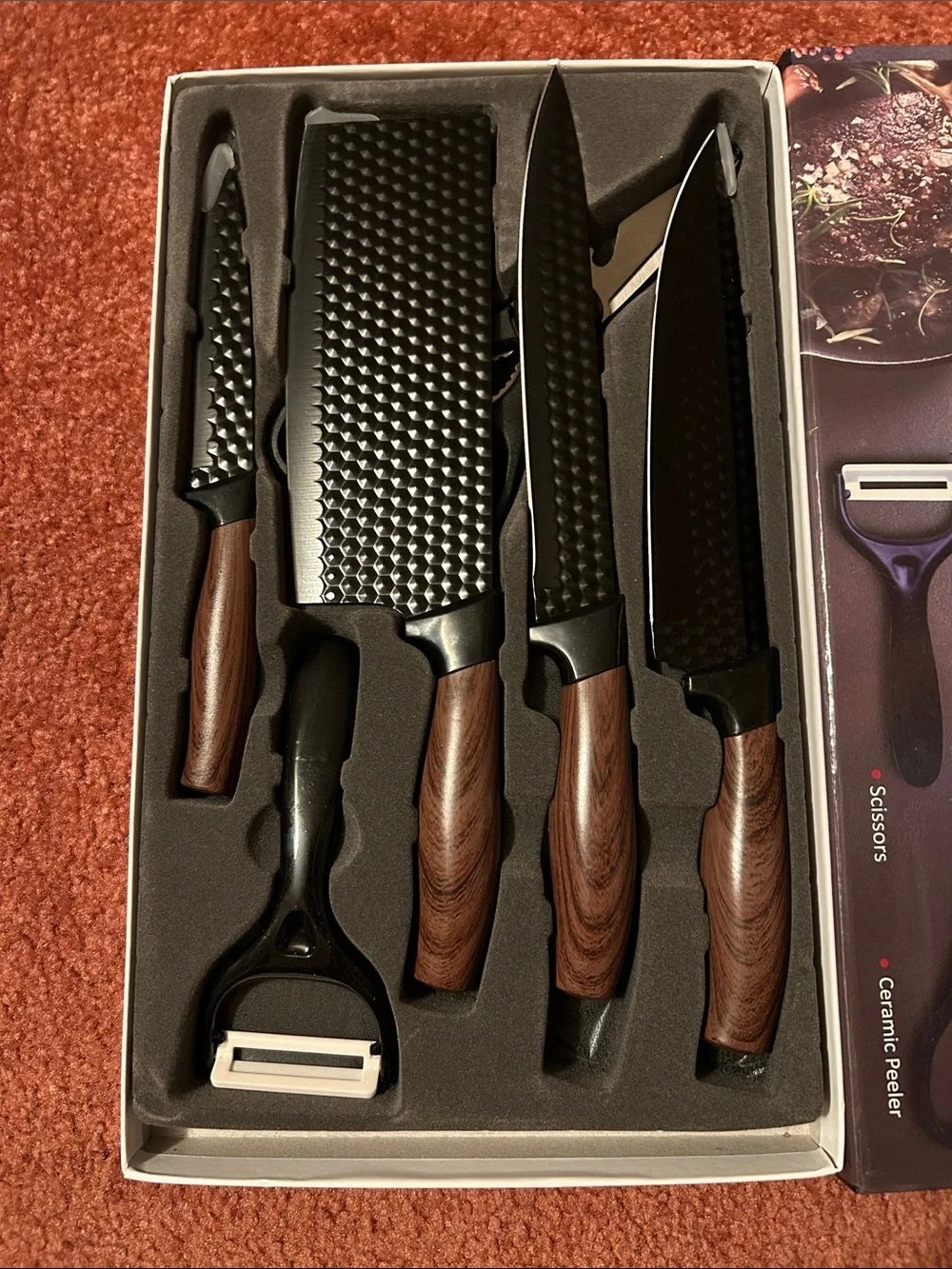 Wood-Handle 5-Piece Knife Set with Peeler and Scissors - Black Knives